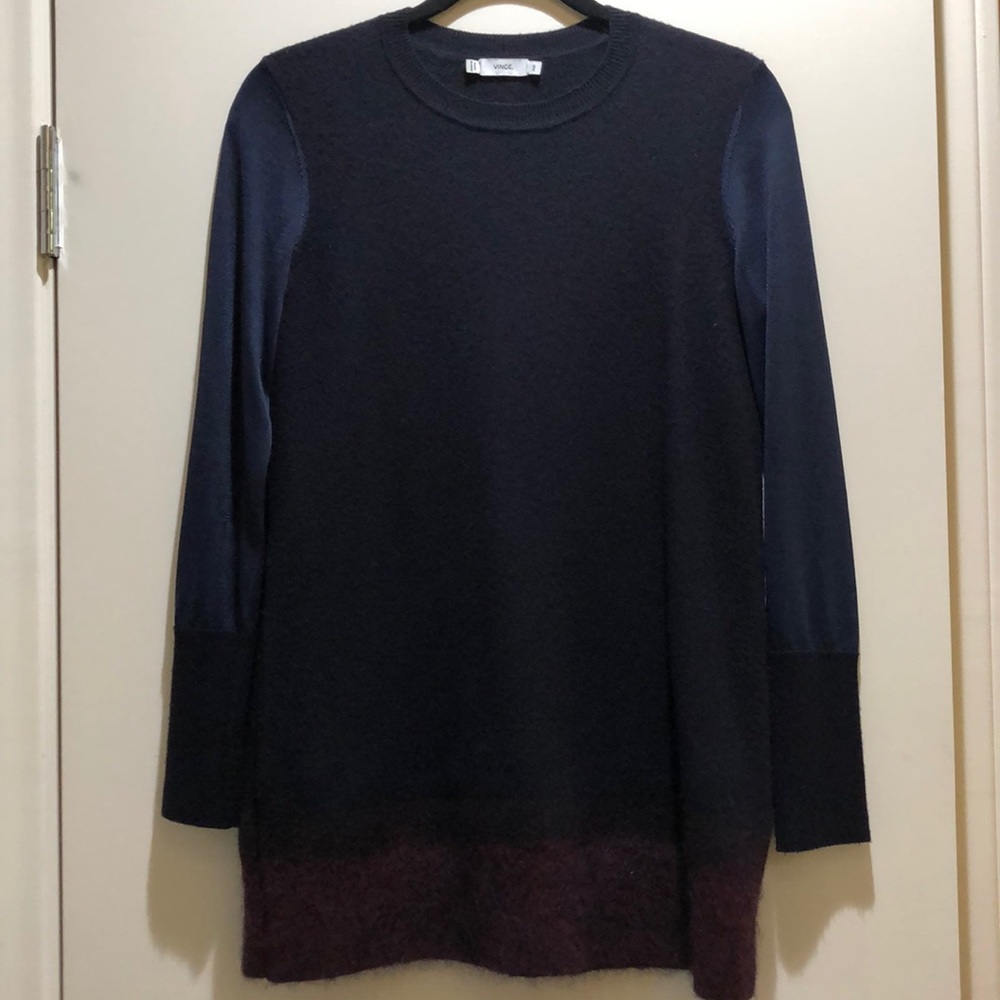 Vince Tunic Length Navy Blue and Burgundy Sweater
